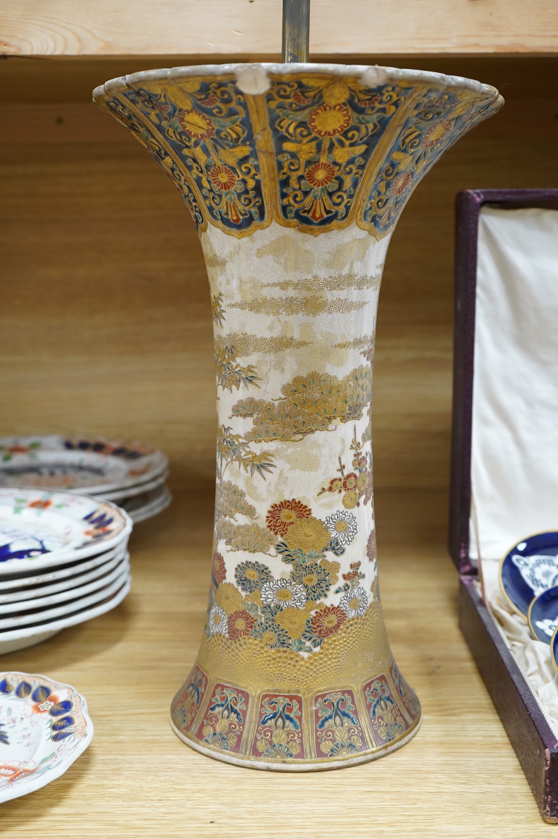 A Japanese Imperial Satsuma vase, signed, Meiji period (1868-1912), mounted as a lamp, 38cm to rim
